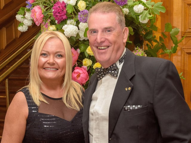 The Mayor Councillor Patricia Logue hosted the annual Mayor’s Ball in the Guildhall in aid of her chosen Charities the Foyle Hospice and Ryan McBride Foundation. Pictured at the event are guests, Pamela and Martin Mullan. Picture Martin McKeown. 24.05.24