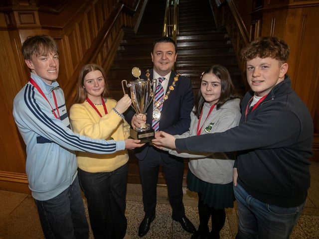 Recipients of the silver medal award Leo O’Carolan, Matilda Birney, Bethany McColgan , James Mc Faul pictured with the Mayor, Ruairí McHugh on Tuesday.