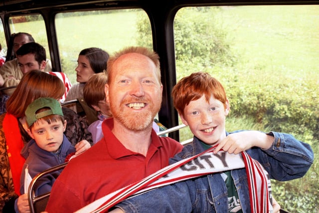 Dave Duggan and son pictured on the Derry City supporters bus heading to the 1994 FAI Cup Final. Photos by Hugh Gallagher