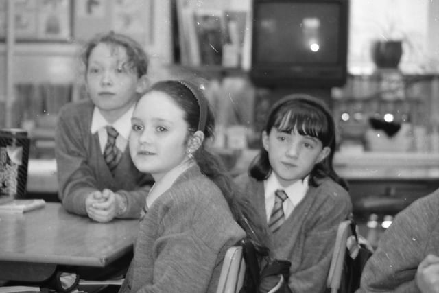 From left, Deyna McCarron, Marian Barr and Ciara McGinley, Primary 6 pupils at St. Eugene's, who spoke to the 'Journal' in February 1998.