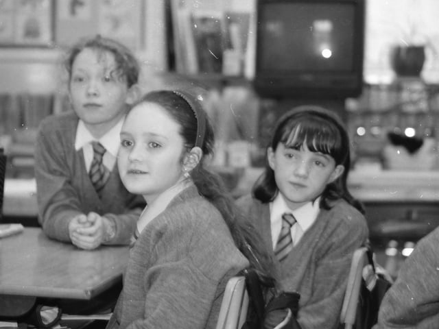 From left, Deyna McCarron, Marian Barr and Ciara McGinley, Primary 6 pupils at St. Eugene's, who spoke to the 'Journal' in February 1998.