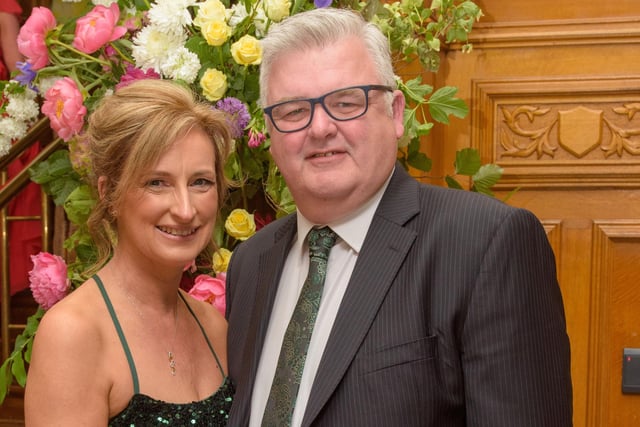 The Mayor Councillor Patricia Logue hosted the annual Mayor’s Ball in the Guildhall in aid of her crossed Charities the Foyle Hospice and Ryan McBride Foundation. Pictured at the event are guests, Stephen McCallion and Noreen, Ryan McBride Foundation. Picture Martin McKeown. 24.05.24