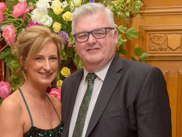 The Mayor Councillor Patricia Logue hosted the annual Mayor’s Ball in the Guildhall in aid of her crossed Charities the Foyle Hospice and Ryan McBride Foundation. Pictured at the event are guests, Stephen McCallion and Noreen, Ryan McBride Foundation. Picture Martin McKeown. 24.05.24