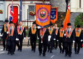 The City of Londonderry Grand Orange Lodge, making its way across Craigavon Bridge.