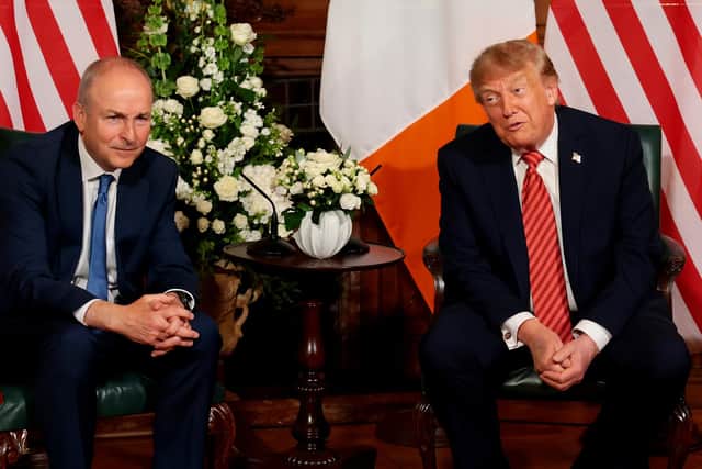 DUBLIN, IRELAND - SEPTEMBER 12: Taoiseach Micheal Martin and U.S. President Donald Trump attend a bilateral meeting at Farmleigh House on September 12, 2026 in Dublin, Ireland. U.S. President Donald Trump is on a two-day non-state visit to Ireland. Among other events today, he is holding a bilateral meeting with Taoiseach Micheál Martin at Farmleigh House in the Phoenix Park. (Photo by Anna Moneymaker/Getty Images)