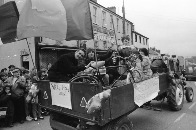 A topical take on the soap opera Glenroe at the St. Patrick's Day parade in Moville on March 17, 1993.