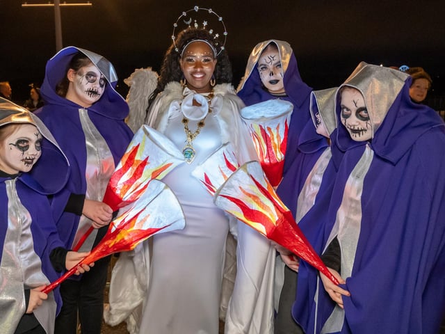 The Mayor Councillor Lilian Seenoi-Barr who dressed as a Derry Girls Angel as she joined groups from across the North West for Derry City and Strabane District Council's community based Halloween Carnival Parade. Picture Martin McKeown. 31.10.24