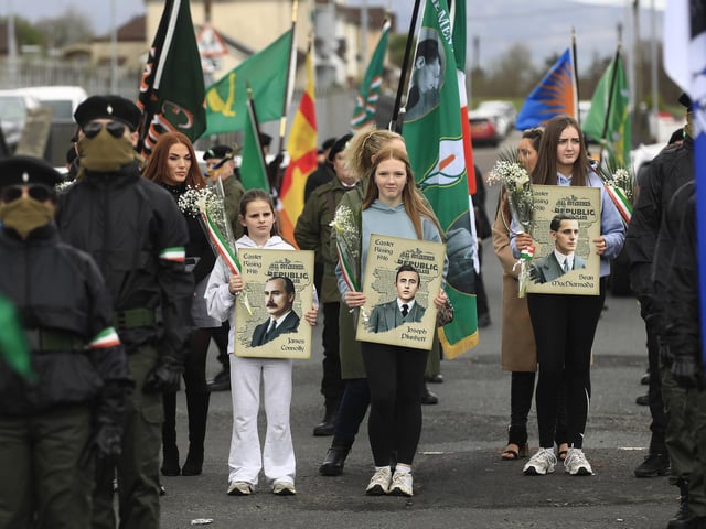 Young people carrying photographs of the 1916 Rising leaders at the Saoradh Easter Commemoration leaving Creggan Shop to City Cemetery. (Photo - Tom Heaney, nwpresspics)