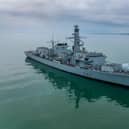 HMS Somerset (Type 23 frigate) anchored in the solent Portsmouth.