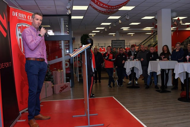 John Murphy, O’Neill’s Business Development Manager, speaking at the launch of Derry City’s 2024 home shirt at O’Neill’s superstore on Wednesday evening. Photo: George Sweeney