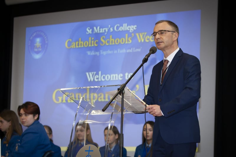 Mr. Brendan McGinn, prncipal, St. Mary’s College, addressing Year 8 students and their grandparents during the school’s Grandparents To School Day’ on Wednesday morning. (Photos: Jim McCafferty Photography)