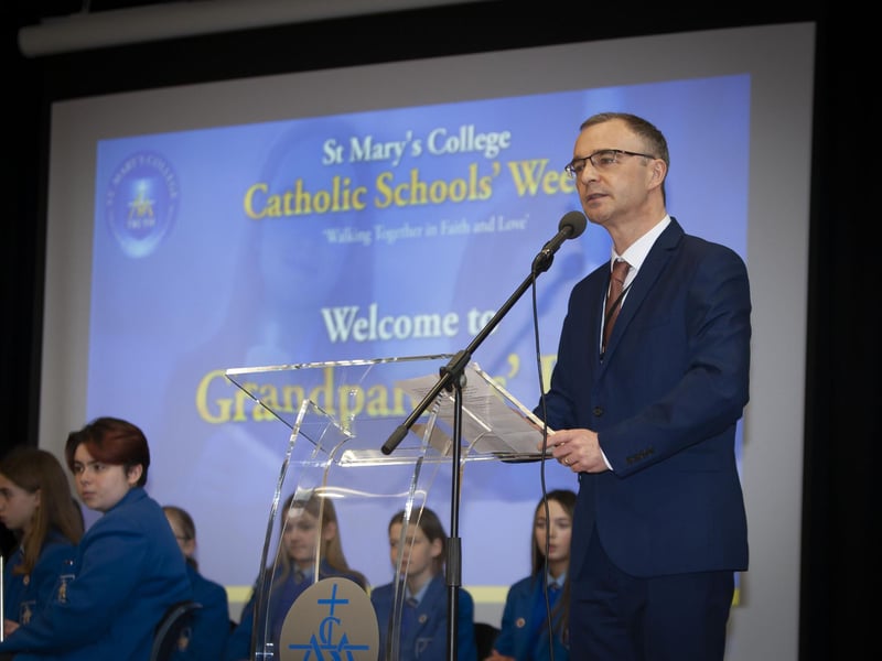 Mr. Brendan McGinn, prncipal, St. Mary’s College, addressing Year 8 students and their grandparents during the school’s Grandparents To School Day’ on Wednesday morning. (Photos: Jim McCafferty Photography)