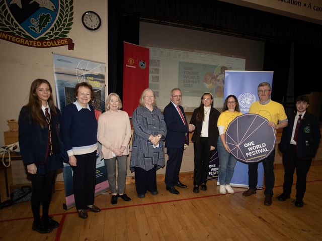 Mr. John Harkin, Principal, Oakgrove Integrated College welcomes guest speaker, Emer Rafferty, a delegate from the 'One Young World Summit 2023' who gave a talk to students from Oakgrove and Lisneal Colleges. Included from left are Ellie McMichael, Head Girl, Carol Conlin, chair, UNA, Patricia Irvine, UNA, Ruth Taillon, UNA, Maria McLaughlin and Seamus O'Gorman, One World Festival and Daire Jackson. (Photos: Jim McCafferty Photography)
