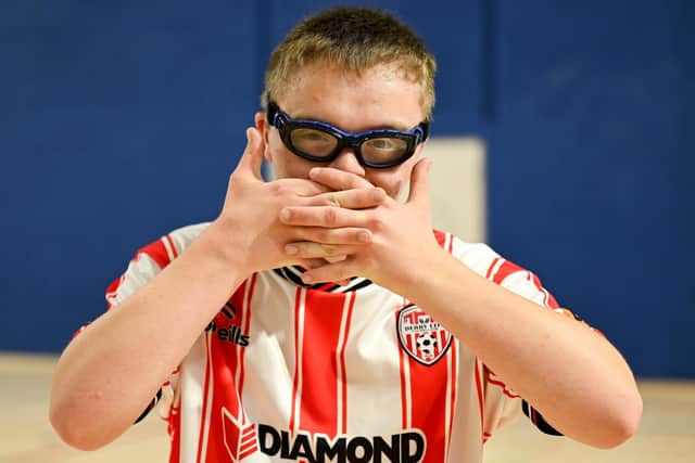 A Derry City player celebrates during the LOI Cairdeas Cup Festival final at the National Indoor Arena on the Sport Ireland Campus in Dublin. Photo by Paul Phelan/Sportsfile