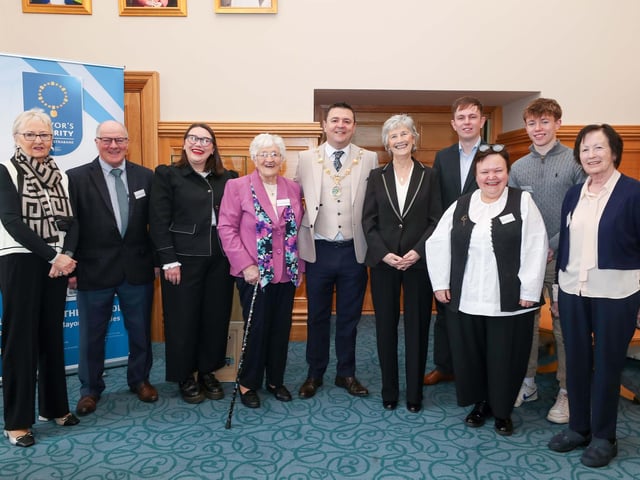 Irish President Catherine Connolly with the Mayor of Derry and Strabane Councillor Ruairí McHugh and family members. Included are Mary McHugh, Geraldine McHugh, Cassie McSorley, Gerard McSorley, Ruairi Quinn, Oisin Quinn, Shauna McGill and Sara Loughlin.    Photo Lorcan Doherty