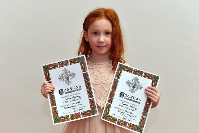 Sorcha Kearney was Highly Commended for both Children’s Verse and Original Poetry at the Feis Dhoire Cholmcille on Tuesday at the Millennium Forum. Photo: George Sweeney.  DER2315GS – 168