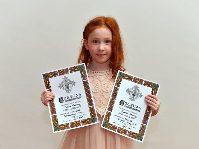 Sorcha Kearney was Highly Commended for both Children’s Verse and Original Poetry at the Feis Dhoire Cholmcille on Tuesday at the Millennium Forum. Photo: George Sweeney. DER2315GS – 168