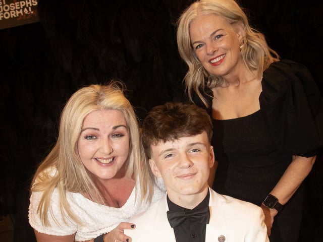St. Joseph's Boys School Head Boy Ciaran Mullan pictured with Mrs. Ciara Deane, Principal and Mrs. Fiona Harrigan-Stewart, Vice Principal at Friday night's school formal in the City Hotel.