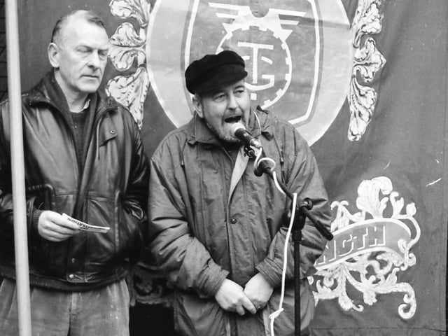 Speakers at a low wage protest at the Guildhall.