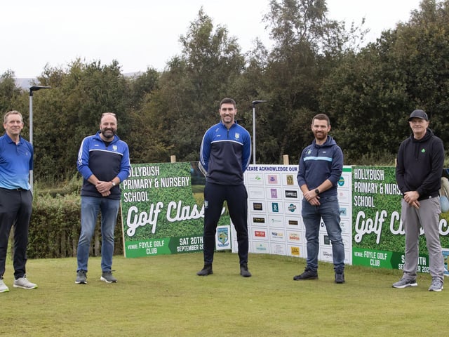 HOLLYBUSH PS GOLF CLASSIC. . . . .Members of the Hollybush Primary and Nursery School at the recent Golf Classic pictured at Foyle Golf. From left, Francis Mallon, Feargal Friel, Cahir O'Connor, Matt McNulty and Andy McDermott. (Photos: Jim McCafferty Photography)