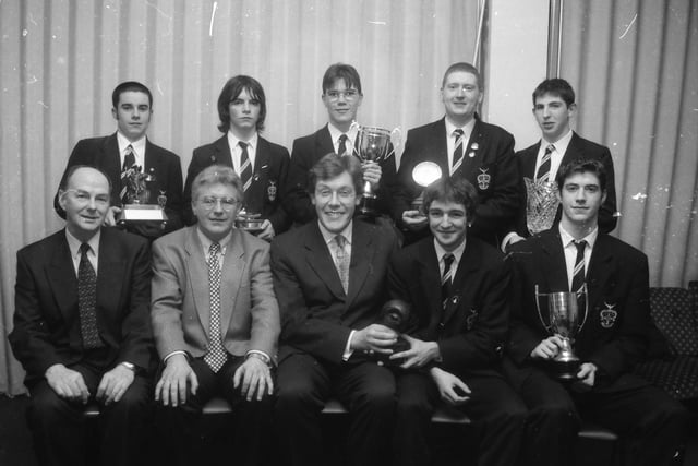 Seated, from left, at the St. Columb's College prize-giving are Patrick Kerr, vice-president, Mr. Liam Galbraith, Head of French, Mr. Paul Brennan, Board of Governors, Peter Rainey (James Toland Memorial Prize for Modern Languages) and Gavin Lusby (Japanese Prize). Back, from left, are Gavin Doherty (Duais Chlub Dhoire Cholmcille Don Ghaeilge), Chris Heaney (Trinidad Valencera Prize for Spanish), Brendan Garvin (Sean McGonagle Memorial Prize for GCSE Irish), Andrew Harkin (Faller Prize for German) and Piaras Ó Donghaile (Peter Gallagher Award for Debate in Irish).