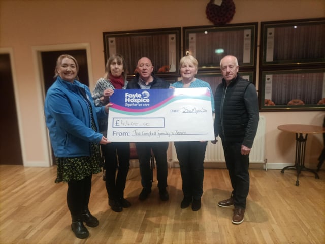 Members of the Campbell family and friend Janice presenting a cheque for £4400 to Ailbhe McDaid, Community Fundraiser, Foyle Hospice, proceeds from a recent Charity night held in The Royal British Legion Club, in memory of Lorraine Campbell and Ian Donnell.