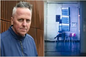 Locky Morris (Photo Martin McKeown) and part of his work La Tête Disparaît. © Locky Morris. Photo, National Gallery of Ireland
