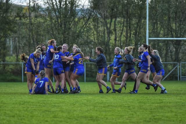 Jubilant Steelstown Brian Ogs players celebrate at the final whistle of Saturday's Errigal Derry Ladies Senior Championship final at Foreglen. (Photo: George Sweeney)