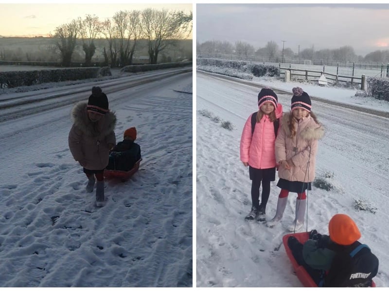 The Campbell girls pulling their brother in sleigh ride to school. Photos: Jennifer Campbell