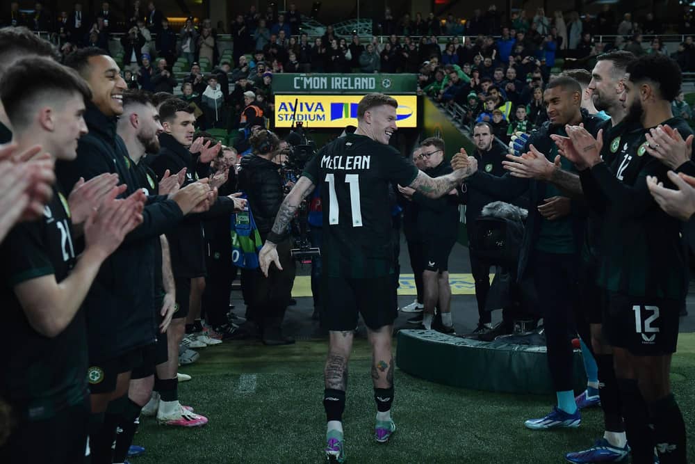 DUBLIN, IRELAND - NOVEMBER 21: James McClean of Republic of Ireland is given a guard of honour by teammates after the International Friendly match between Republic of Ireland and New Zealand at Aviva Stadium on November 21, 2023 in Dublin, Ireland. (Photo by Charles McQuillan/Getty Images)