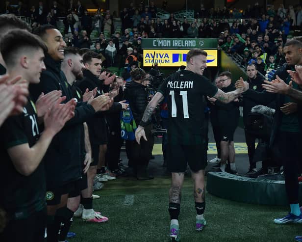 DUBLIN, IRELAND - NOVEMBER 21: James McClean of Republic of Ireland is given a guard of honour by teammates after the International Friendly match between Republic of Ireland and New Zealand at Aviva Stadium on November 21, 2023 in Dublin, Ireland. (Photo by Charles McQuillan/Getty Images)