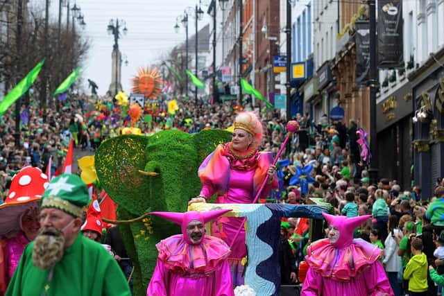 The Derry St Patrick’s Day parade makes its way towards the city centre. Photo: George Sweeney.