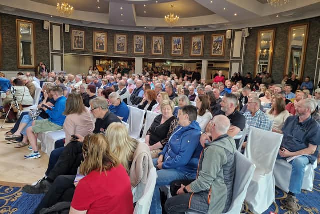 A section of the large crowd in attendance at the Defective Blocks Scheme Information Meeting in An Grianan Hotel, Burt.