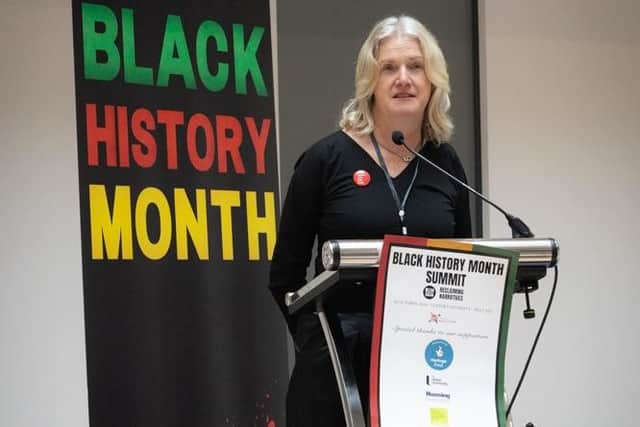 Olive Hill of The National Lottery Heritage Fund Northern Ireland Committee speaking at the Black History Summit. Ms Hill told those gathered that Heritage Fund was pleased to support the North West Migrants Forum in researching and sharing the untold stories of black people here.