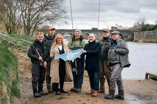 Launching the 2024 North West Angling are Kelsie Geddis, Angling and Fisheries Improvement Manager at Loughs Agency, Cllr Barney Harte, Chair of Council’s Business and Culture Committee, Stevie Munn, Irish Fly Fair, Fintan Carlin, Irish Junior Captain, Glenda Powell, Blackwater Lodge, Brendan Winters, Event Organiser, and Jarlath Winters, River Mourne Fishery.