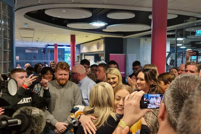 Sinn Féin First Minister designate Michelle O'Neill congratulates Grace Uí Niallais following her election to represent the people in Foyleside.