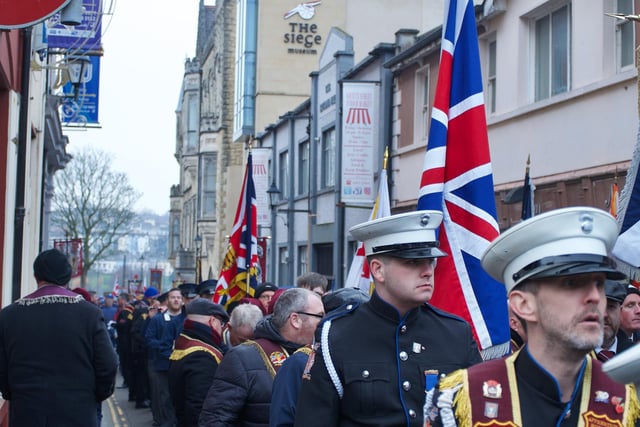 Apprentice Boys taking part in the 'Shutting of the Gates' ceremony in Society Street.