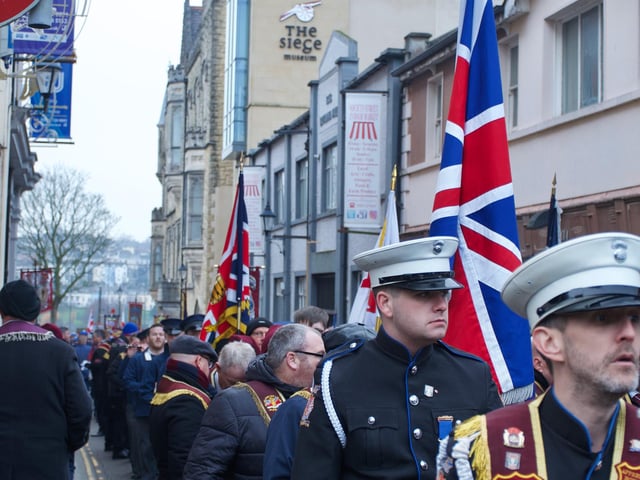 Apprentice Boys taking part in the 'Shutting of the Gates' ceremony in Society Street.