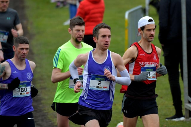 Matthew McLaughlin (360), Scott Rankin (2) and Alan Boggle (1) were early leaders in the Bentley Group Derry 10 Miler road race on Saturday morning. Photo: George Sweeney. DER2310GS – 090