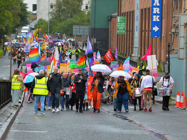 The 2024 Foyle Pride Parade makes its way along Duke Street. Photo: George Sweeney
