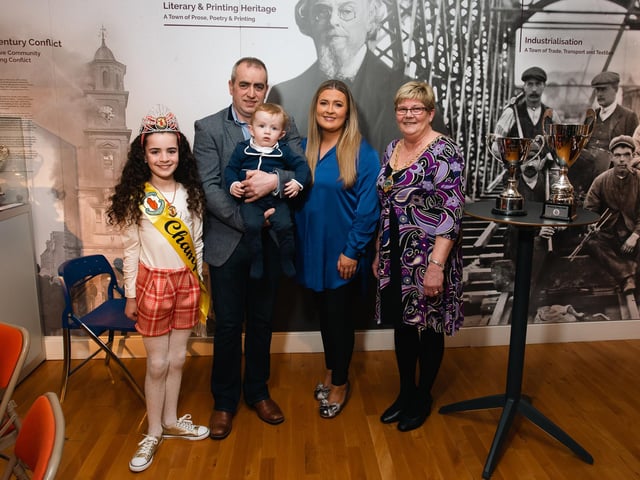 Tori pictured with her dad Mark, brother Tiarnan, mum Stephanie and Derry City & Strabane District Council Deputy Mayor Angela Dobbins at the reception marking her success as under-11 Ulster Champion. 