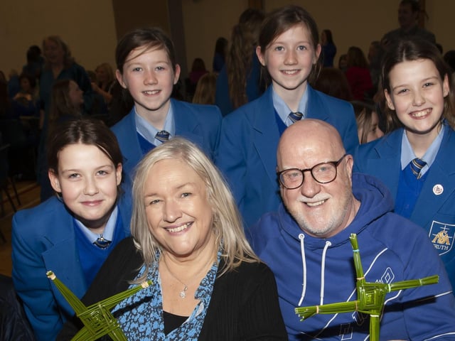 Grandparents Vincent and Fiona White pictured with their granddaughter and some of her school pals during Wednesday’s event at St. Mary’s College.