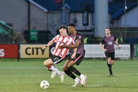 Goalscorer Danny Mullen in action against Dundalk at Brandywell as Derry City returned to winning ways. Photograph by Kevin Morrison.