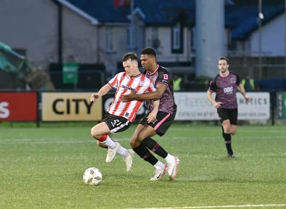 Goalscorer Danny Mullen in action against Dundalk at Brandywell as Derry City returned to winning ways. Photograph by Kevin Morrison.
