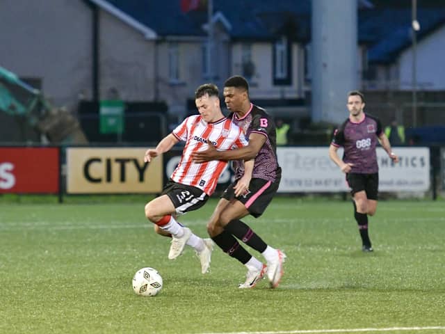 Goalscorer Danny Mullen in action against Dundalk at Brandywell as Derry City returned to winning ways. Photograph by Kevin Morrison.