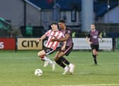 Goalscorer Danny Mullen in action against Dundalk at Brandywell as Derry City returned to winning ways. Photograph by Kevin Morrison.