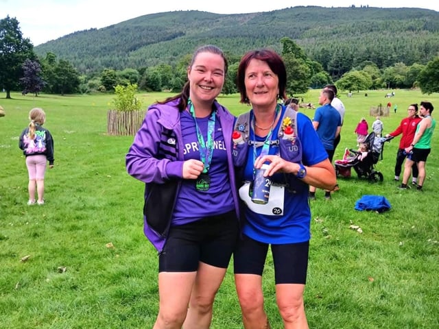 Deborah McPhee and Sheila McConnell after competing in the Mourne Way 10k