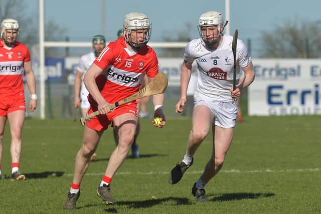 Kildare's Alan Goss chases Derry's Darragh McGilligan at Owenbeg on Sunday. (Photo: George Sweeney)