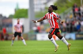 Kevin dos Santos of Derry City celebrates after scoring his side's first goal during the SSE Airtricity Men's Premier Division match between Derry City and Galway United at Find Insurance Celtic Park in Derry. Photo by Shauna Clinton/Sportsfile