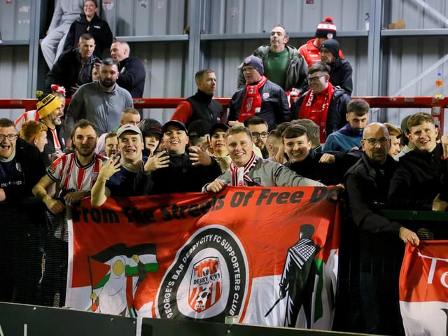 Derry City fans celebrate the semi-final win over Bohemians.
